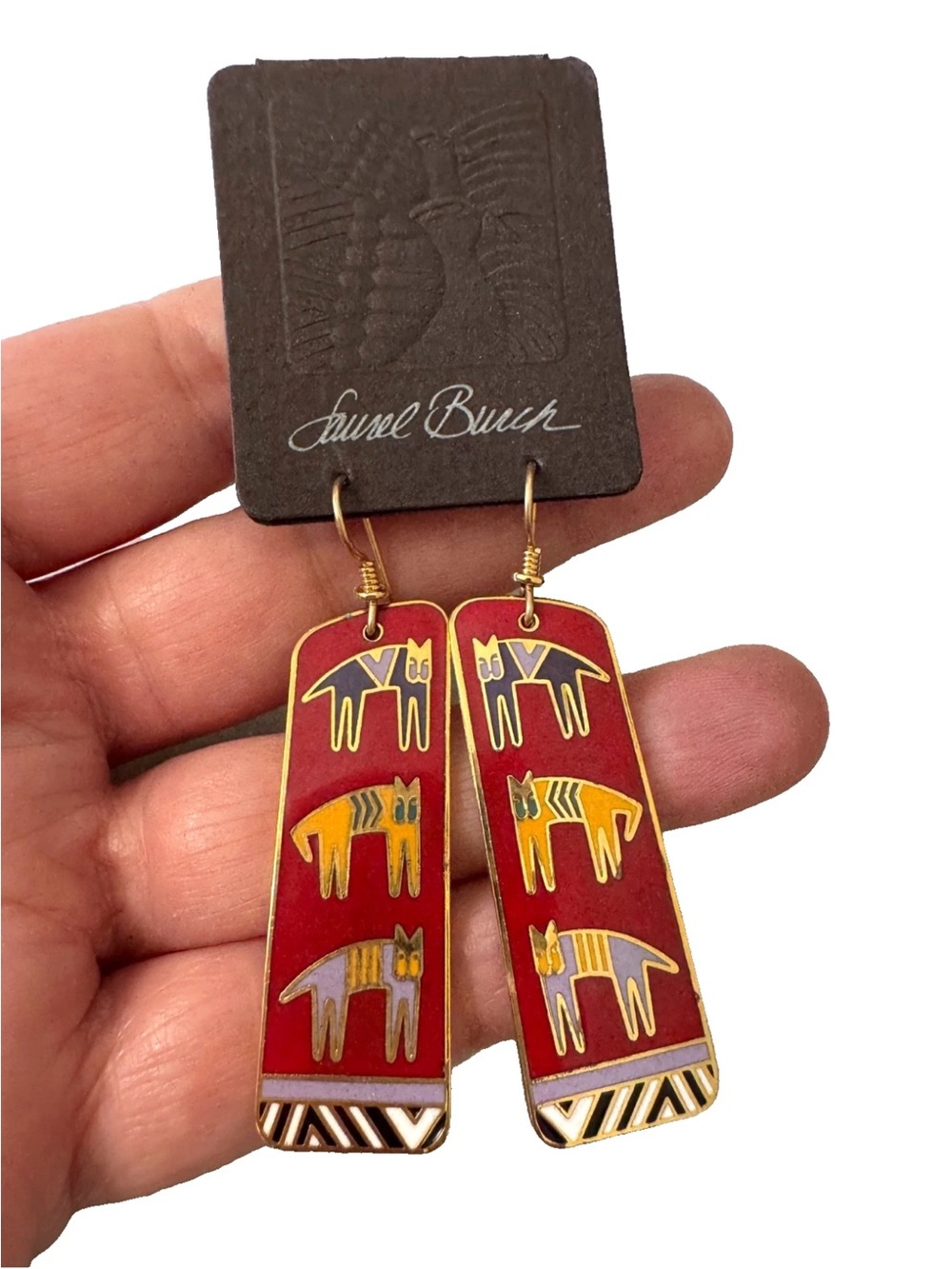 Vintage 1990 Laurel Burch Red HIEROGLYPHIC CATS Pierced Earrings on Orig. Card - Picture 2 of 11